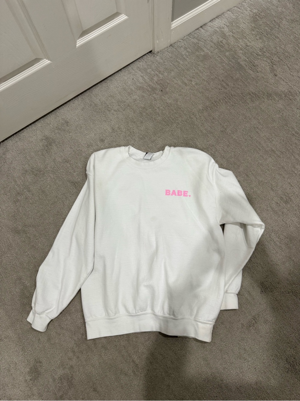 White Crewneck Sweatshirt with Pink 'BABE.' Chest Logo